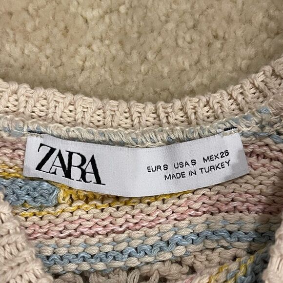 NWOT Zara Multi Color Pointelle Knit Ruffle Sleeve Cream and Pastel Crop Top - Picture 4 of 5